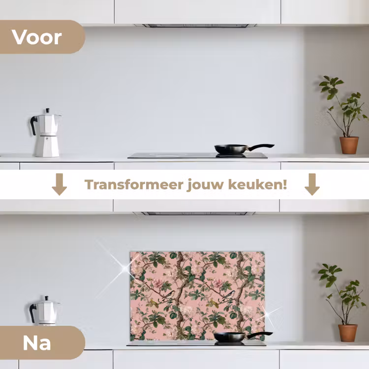 Pioenrozen - Botanisch - Vogel keuken achterwand spatscherm klein 900 -voor_na_NL