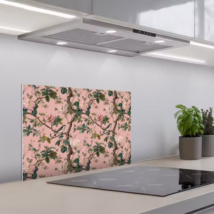 Pioenrozen - Botanisch - Vogel keuken achterwand spatscherm klein 900 -3d_schuin