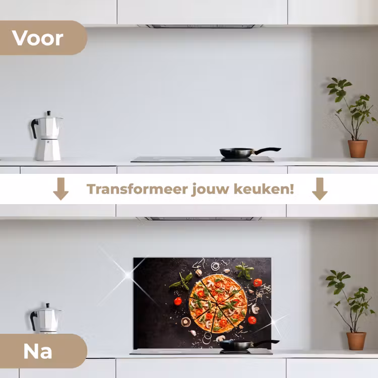 Pizza - Groente - Kruiden - Keuken - Industrieel keuken achterwand spatscherm klein -voor_na_NL