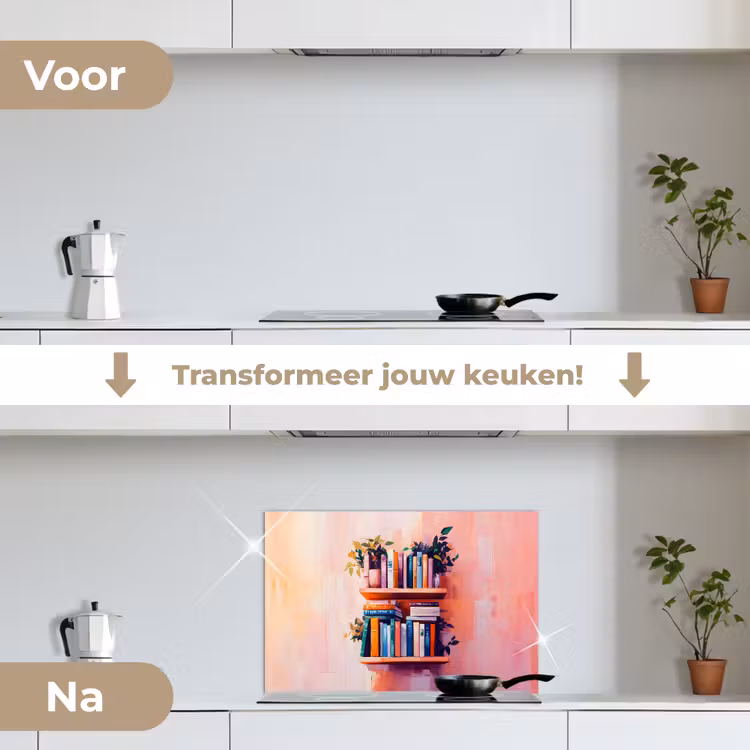 Planken - Boeken - Bladeren keuken achterwand spatscherm klein -voor_na_NL