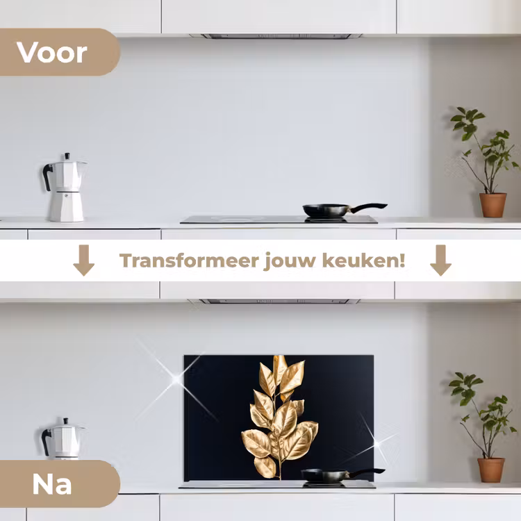 Plant - Bladeren - Goud - Zwart - Luxe keuken achterwand spatscherm klein -voor_na_NL