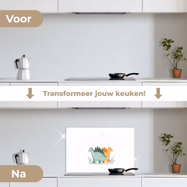 Planten - Sterren - Dinosaurussen - Oranje keuken achterwand spatscherm klein -voor_na_NL