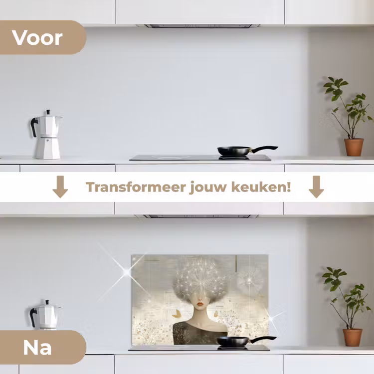Pluis - Vrouw - Beige keuken achterwand spatscherm klein -voor_na_NL