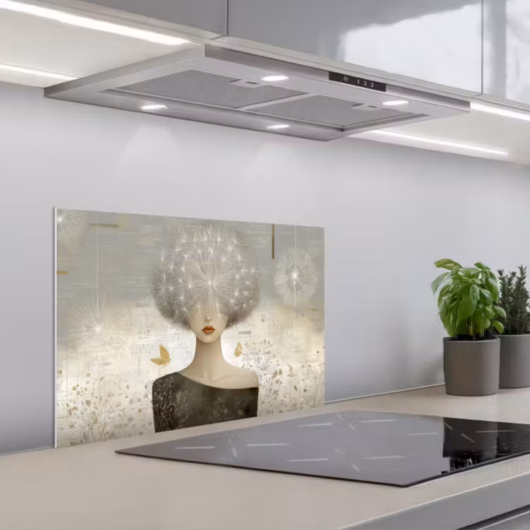 Pluis - Vrouw - Beige keuken achterwand spatscherm klein -3d_schuin