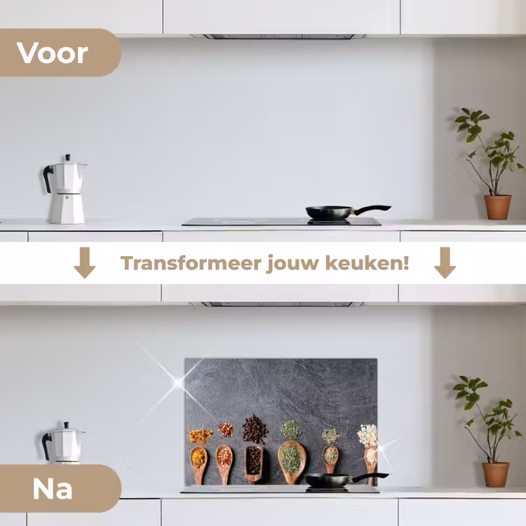Pollepel - Kruiden - Specerijen - Industrieel keuken achterwand spatscherm klein -voor_na_NL