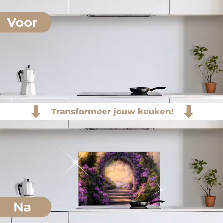Poort - Paars - Bloemen keuken achterwand spatscherm klein -voor_na_NL