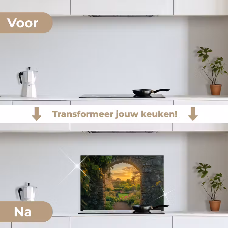 Poort - Planten - Zonsondergang keuken achterwand spatscherm klein -voor_na_NL