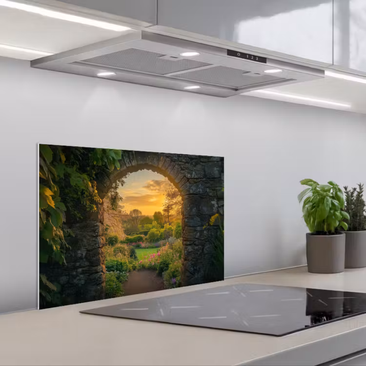 Poort - Planten - Zonsondergang keuken achterwand spatscherm klein -3d_schuin