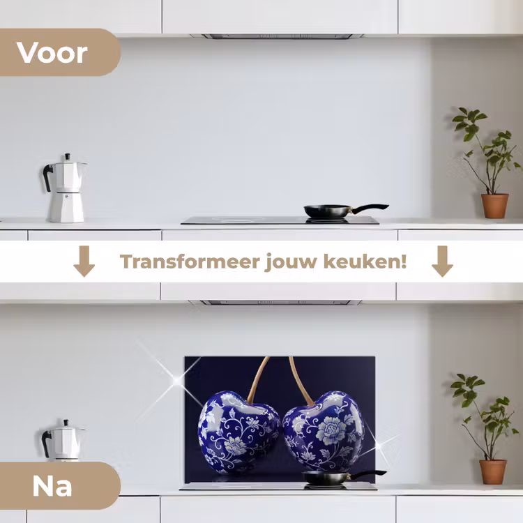 Porselein- Kersen - Delfts - Blauw keuken achterwand spatscherm klein -voor_na_NL