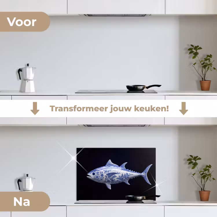 Porselein - Tonijn - Delfts - Blauw keuken achterwand spatscherm klein -voor_na_NL