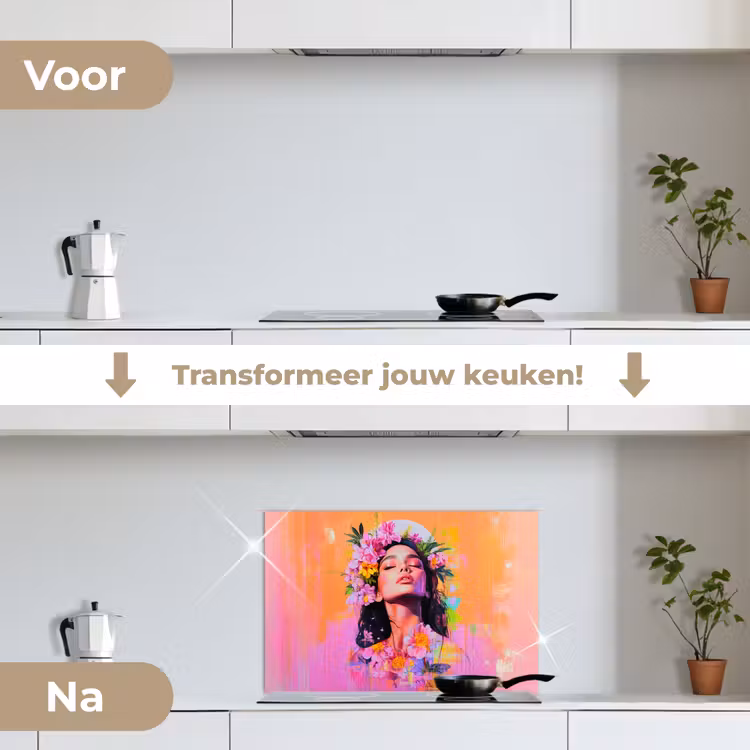 Portret - Bloemenkroon - Vrouw keuken achterwand spatscherm klein -voor_na_NL