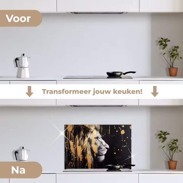 Portret - Leeuw - Abstract - Goud keuken achterwand spatscherm klein -voor_na_NL