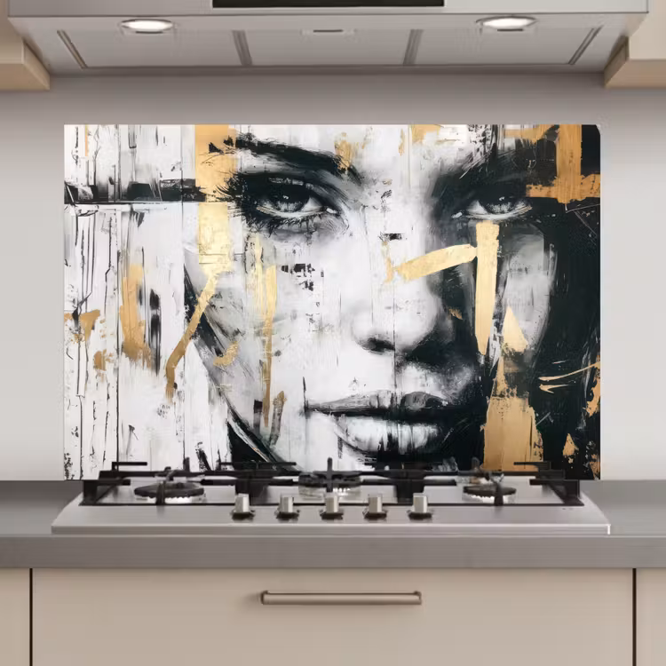 Portret - Vrouw - Penseelstreken - Goud keuken achterwand spatscherm klein -3d_website