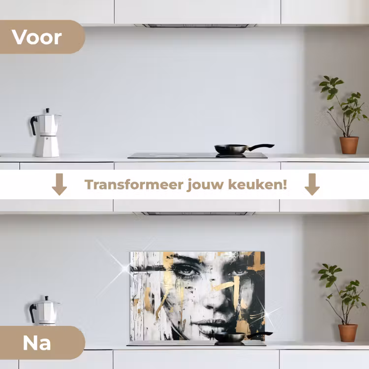 Portret - Vrouw - Penseelstreken - Goud keuken achterwand spatscherm klein -voor_na_NL