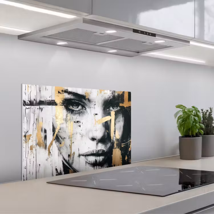 Portret - Vrouw - Penseelstreken - Goud keuken achterwand spatscherm klein -3d_schuin
