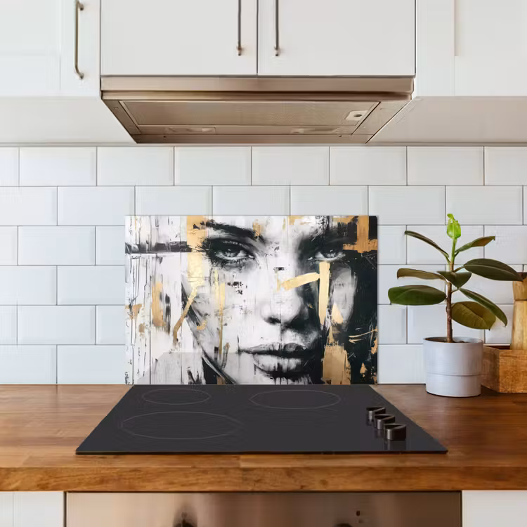 Portret - Vrouw - Penseelstreken - Goud keuken achterwand spatscherm klein -sfeer2