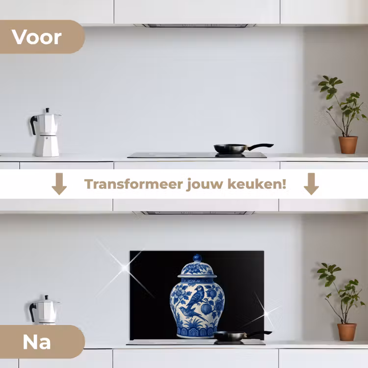 Pot - Delfts Blauw - Bloemen keuken achterwand spatscherm klein -voor_na_NL