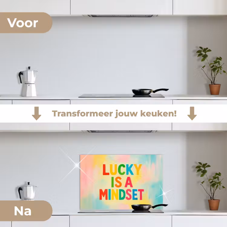 Quote - Lucky - Regenboogkleuren keuken achterwand spatscherm klein -voor_na_NL