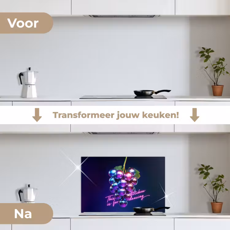 Quote - Neon - Disco - Druiven keuken achterwand spatscherm klein -voor_na_NL