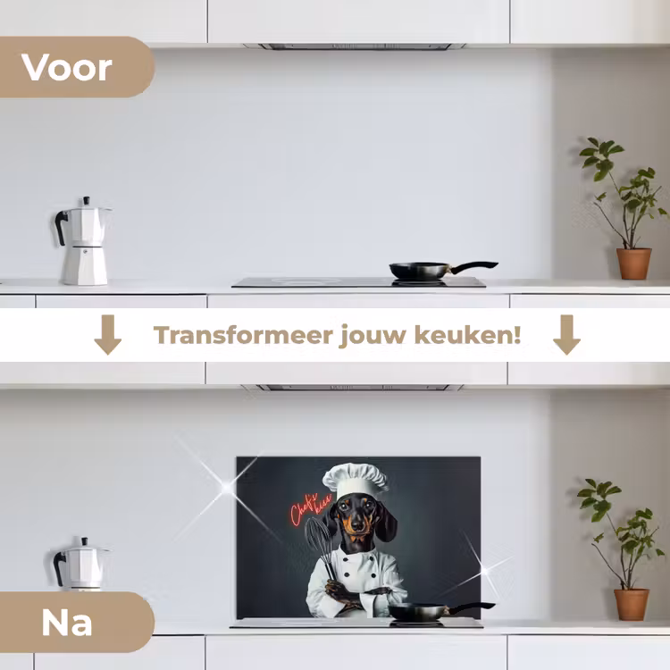 Quote - Neon - Hond - Kokskleding keuken achterwand spatscherm klein -voor_na_NL