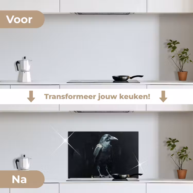 Raaf - Vogels - Zwart keuken achterwand spatscherm klein -voor_na_NL
