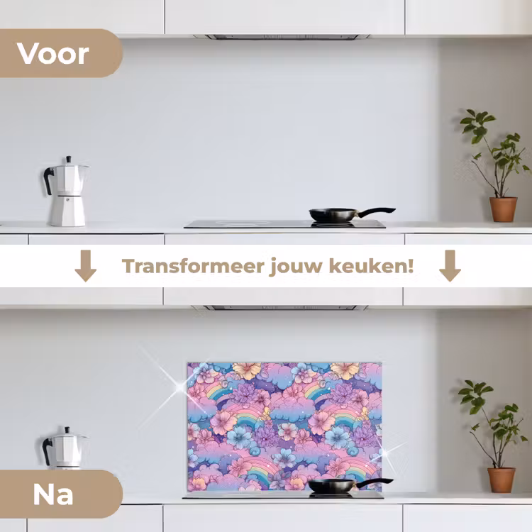 Regenbogen - Bloemen - Kleurrijk - Wolken keuken achterwand spatscherm klein -voor_na_NL