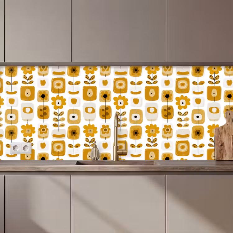 Retro - Abstract - Bloemen - Okergeel keuken achterwand 2 middel 871 zz_3dshopping