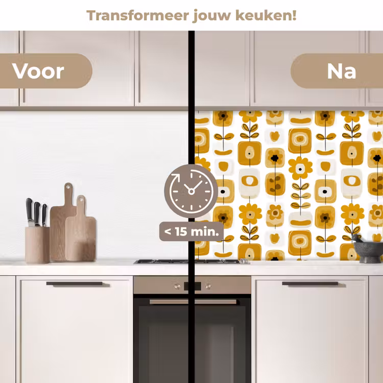 Retro - Abstract - Bloemen - Okergeel keuken achterwand 2 middel 871 -voor-na2_NL