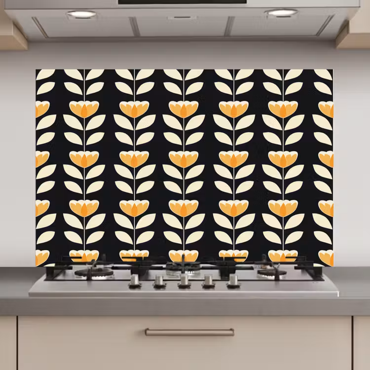 Retro - Bloem - Zwart - Okergeel keuken achterwand spatscherm klein 900 -3d_website