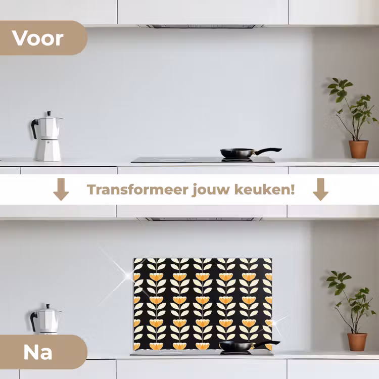 Retro - Bloem - Zwart - Okergeel keuken achterwand spatscherm klein 900 -voor_na_NL