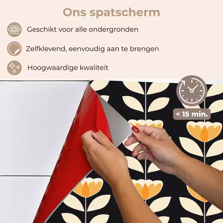 Retro - Bloem - Zwart - Okergeel keuken achterwand spatscherm klein 900 -spatscherm_NL