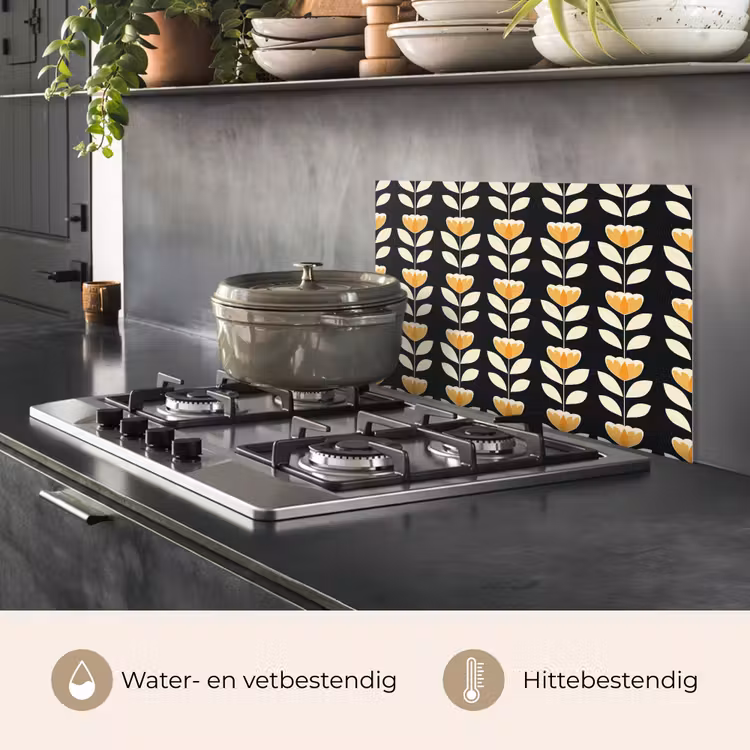 Retro - Bloem - Zwart - Okergeel keuken achterwand spatscherm klein 900 -usp_NL