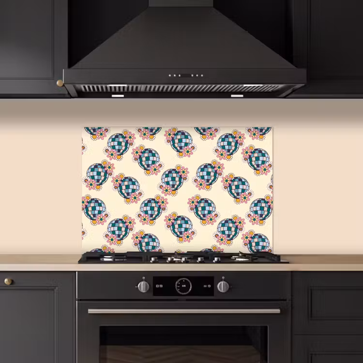 Retro - Disco - Bloemen - Discobal keuken achterwand spatscherm klein 900 -sfeer1