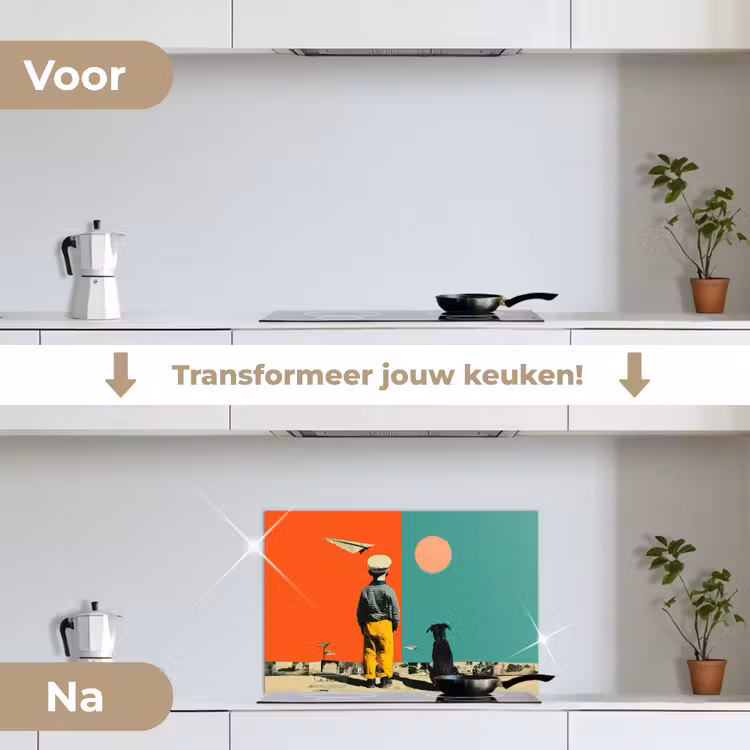 Retro - Jongen - Hond - Rood - Groen keuken achterwand spatscherm klein -voor_na_NL