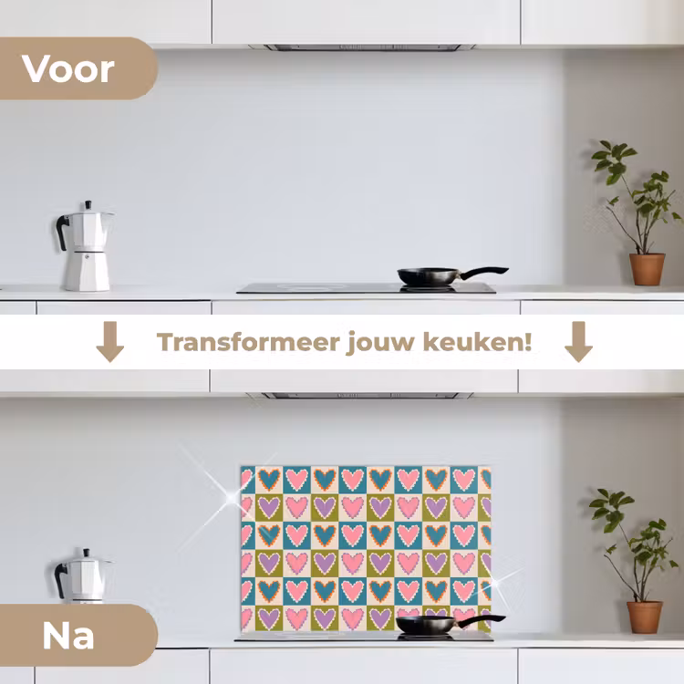Retro - Kleuren - Patroon - Hartjes keuken achterwand spatscherm klein 900 -voor_na_NL