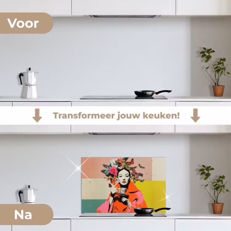 Retro - Vrouw - Kopje - Vlinders keuken achterwand spatscherm klein -voor_na_NL