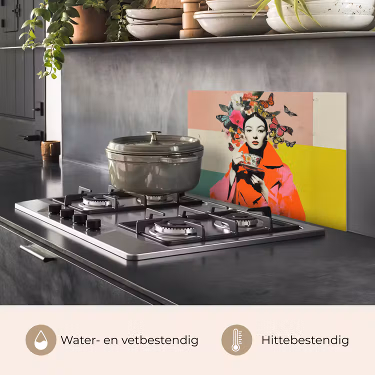 Retro - Vrouw - Kopje - Vlinders keuken achterwand spatscherm klein -usp_NL