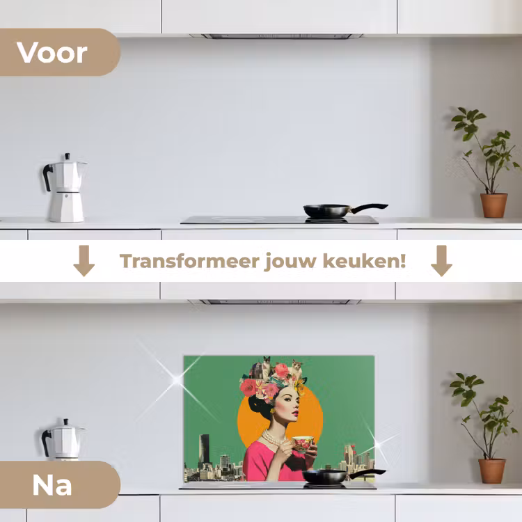 Retro - Vrouw - Stad - Zon keuken achterwand spatscherm klein -voor_na_NL
