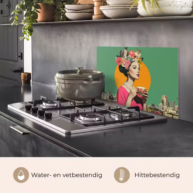 Retro - Vrouw - Stad - Zon keuken achterwand spatscherm klein -usp_NL