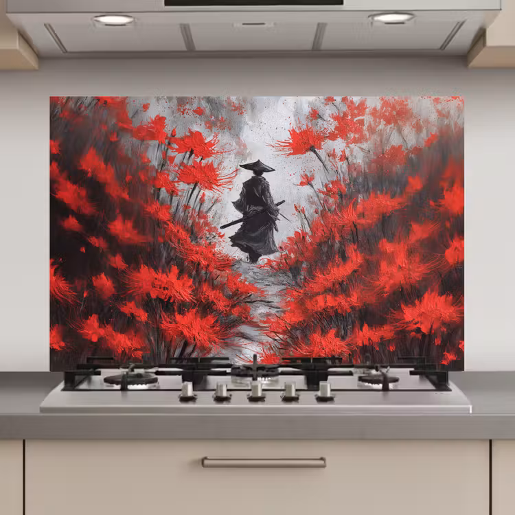 Rode bloemen - mistig - Man keuken achterwand spatscherm klein -3d_website