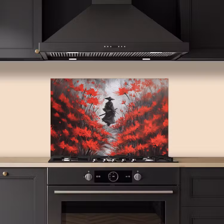 Rode bloemen - mistig - Man keuken achterwand spatscherm klein -sfeer1