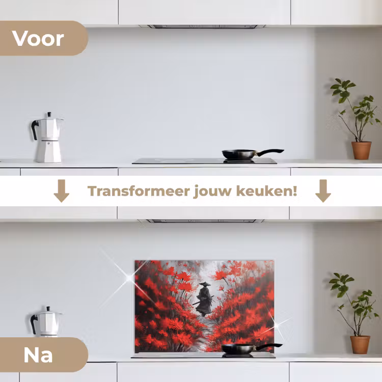 Rode bloemen - mistig - Man keuken achterwand spatscherm klein -voor_na_NL