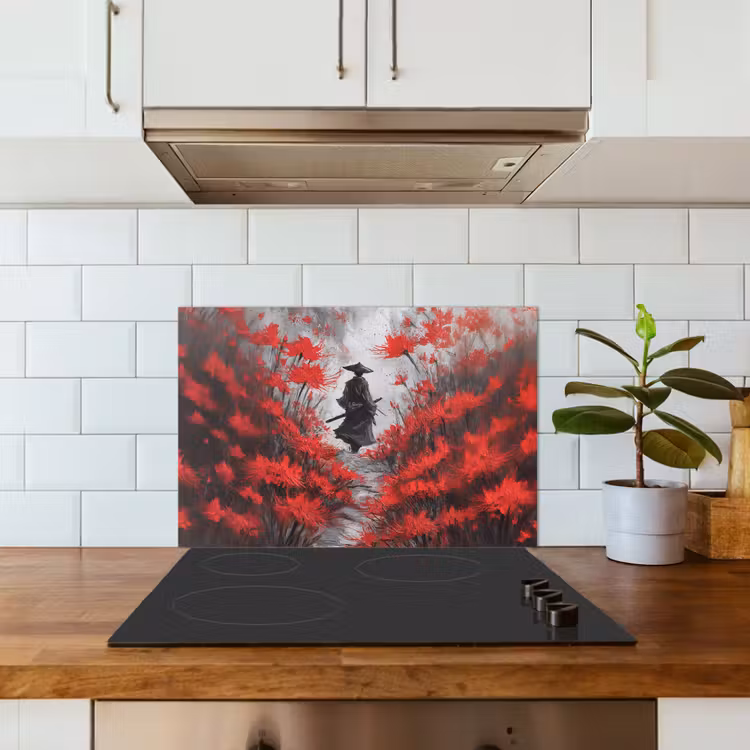Rode bloemen - mistig - Man keuken achterwand spatscherm klein -sfeer2
