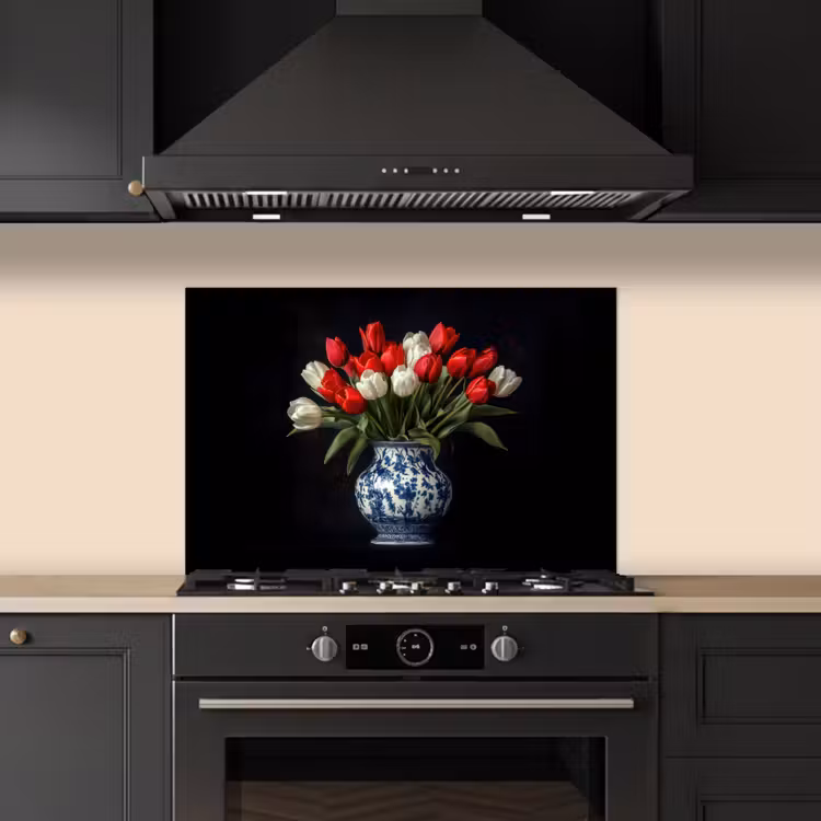 Rode - Bloemen - Tulpen - Vaas keuken achterwand spatscherm klein -sfeer1