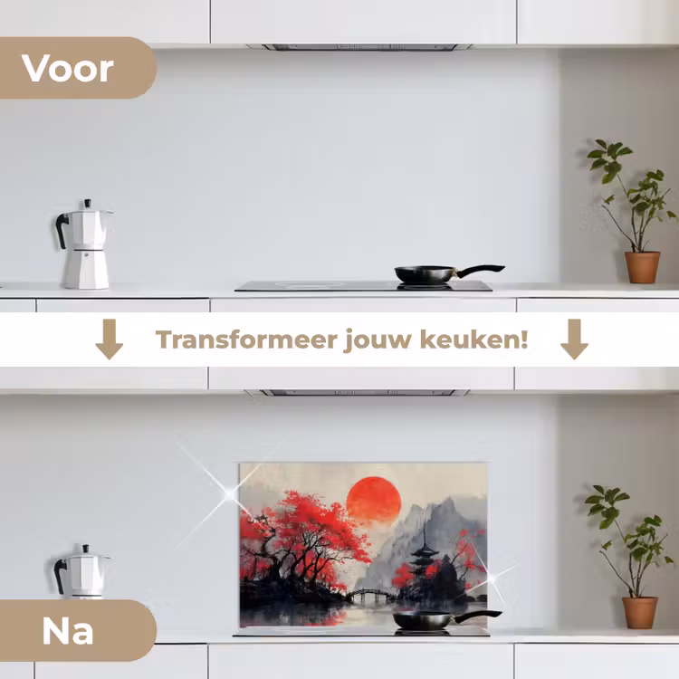 Rode zon - Rivier - brug - Bomen keuken achterwand spatscherm klein -voor_na_NL