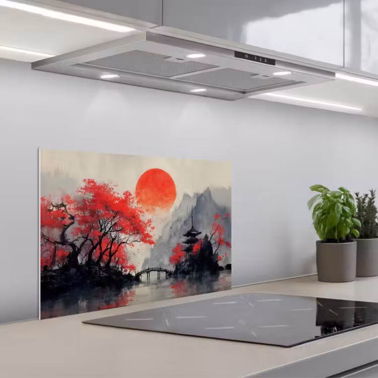 Rode zon - Rivier - brug - Bomen keuken achterwand spatscherm klein -3d_schuin