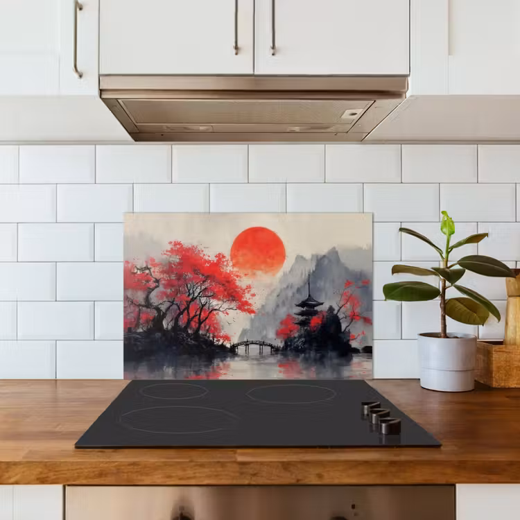 Rode zon - Rivier - brug - Bomen keuken achterwand spatscherm klein -sfeer2