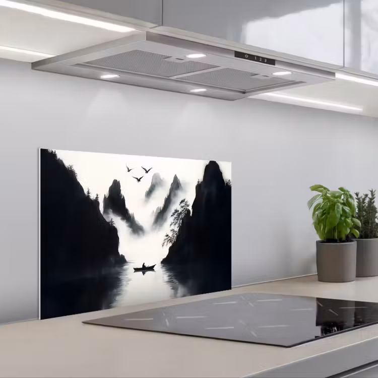 Roeiboot - Mistig - Bergen - Vogels keuken achterwand spatscherm klein -3d_schuin