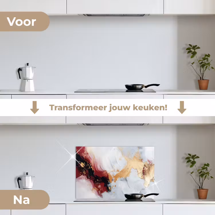 Rood - Abstract - Goud - Modern keuken achterwand spatscherm klein -voor_na_NL