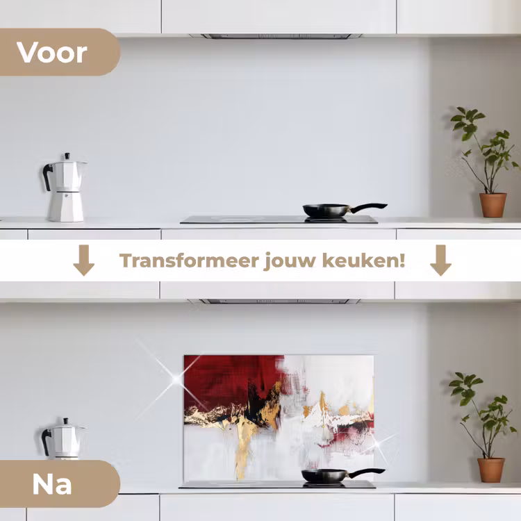 Rood - Marmer - Abstract - Goud - Modern keuken achterwand spatscherm klein -voor_na_NL